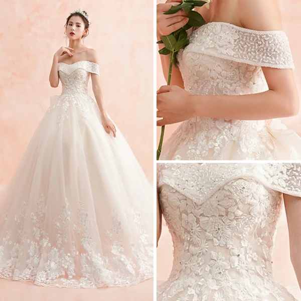 Elegant Ivory Wedding Dresses 2019 A-Line / Princess Off-The-Shoulder Short Sleeve Backless Appliques Lace Beading Cathedral Train Ruffle
