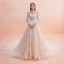 Elegant Champagne Wedding Dresses 2019 A-Line / Princess Off-The-Shoulder Long Sleeve Backless Pierced Appliques Lace Beading Cathedral Train Ruffle
