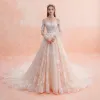 Elegant Champagne Wedding Dresses 2019 A-Line / Princess Off-The-Shoulder Long Sleeve Backless Pierced Appliques Lace Beading Cathedral Train Ruffle