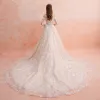 Elegant Champagne Wedding Dresses 2019 A-Line / Princess Off-The-Shoulder Long Sleeve Backless Pierced Appliques Lace Beading Cathedral Train Ruffle