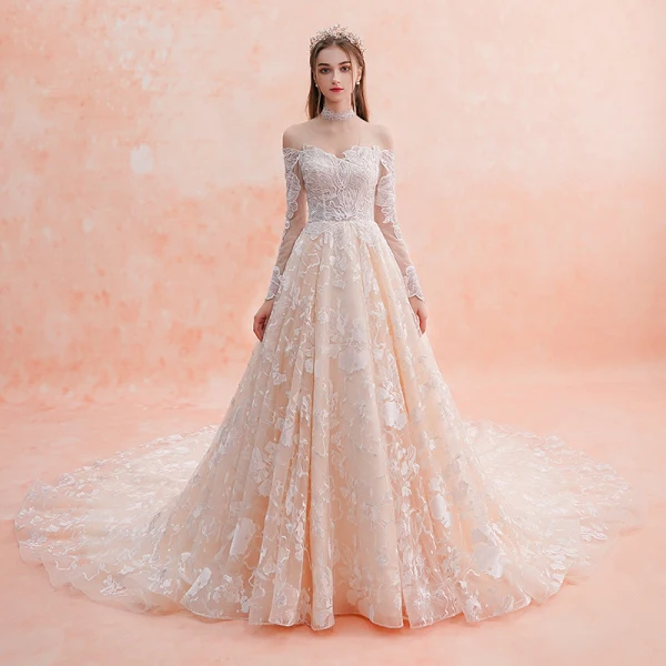 Elegant Champagne Wedding Dresses 2019 A-Line / Princess Off-The-Shoulder Long Sleeve Backless Pierced Appliques Lace Beading Cathedral Train Ruffle