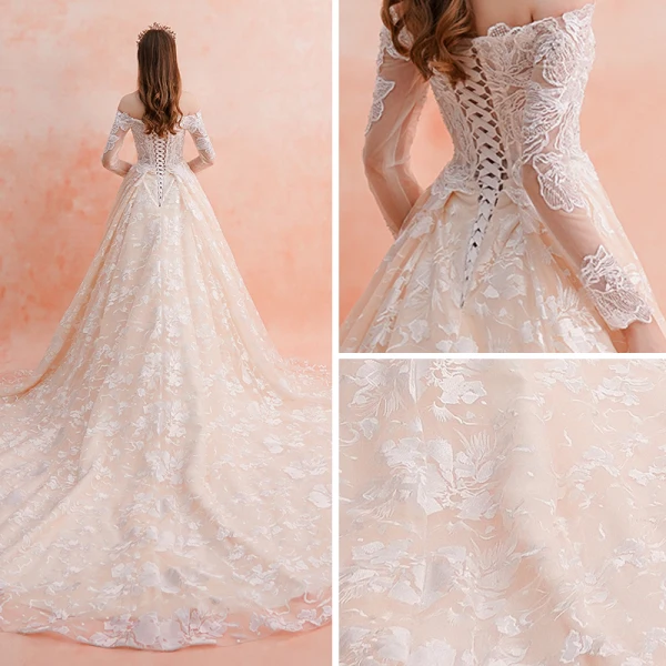 Elegant Champagne Wedding Dresses 2019 A-Line / Princess Off-The-Shoulder Long Sleeve Backless Pierced Appliques Lace Beading Cathedral Train Ruffle