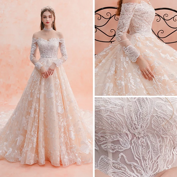 Elegant Champagne Wedding Dresses 2019 A-Line / Princess Off-The-Shoulder Long Sleeve Backless Pierced Appliques Lace Beading Cathedral Train Ruffle