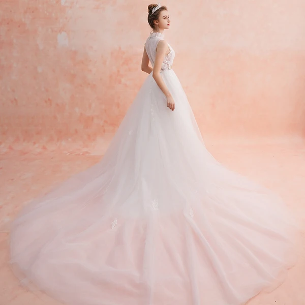 Modest / Simple Ivory Wedding Dresses 2019 Empire High Neck Sleeveless Appliques Lace Cathedral Train Ruffle