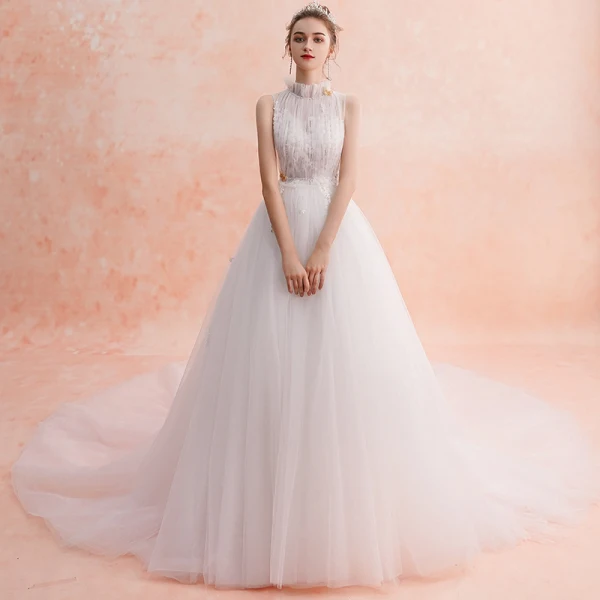 Modest / Simple Ivory Wedding Dresses 2019 Empire High Neck Sleeveless Appliques Lace Cathedral Train Ruffle