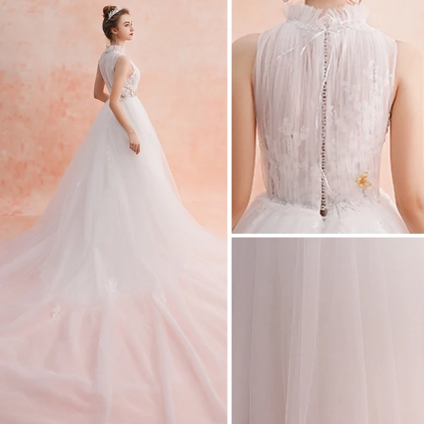 Modest / Simple Ivory Wedding Dresses 2019 Empire High Neck Sleeveless Appliques Lace Cathedral Train Ruffle