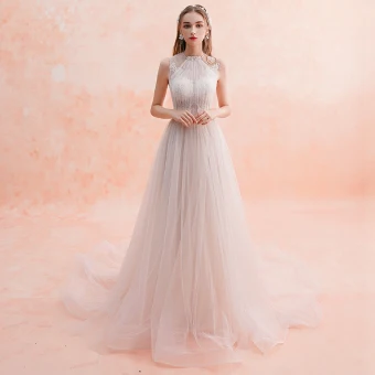 Enkel Champagne Brudekjoler 2019 Prinsesse Scoop Halsen Uten Ermer Ryggløse Beading Sash Domstol Tog Buste