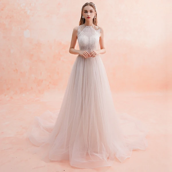 Schlicht Champagner Brautkleider / Hochzeitskleider 2019 A Linie Rundhalsausschnitt Ärmellos Rückenfreies Perlenstickerei Stoffgürtel Hof-Schleppe Rüschen