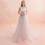 Schlicht Champagner Brautkleider / Hochzeitskleider 2019 A Linie Rundhalsausschnitt Ärmellos Rückenfreies Perlenstickerei Stoffgürtel Hof-Schleppe Rüschen