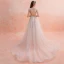 Schlicht Champagner Brautkleider / Hochzeitskleider 2019 A Linie Rundhalsausschnitt Ärmellos Rückenfreies Perlenstickerei Stoffgürtel Hof-Schleppe Rüschen