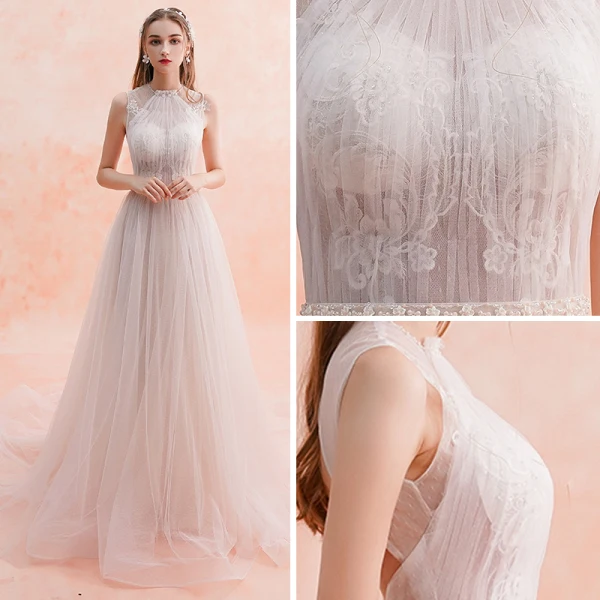 Schlicht Champagner Brautkleider / Hochzeitskleider 2019 A Linie Rundhalsausschnitt Ärmellos Rückenfreies Perlenstickerei Stoffgürtel Hof-Schleppe Rüschen