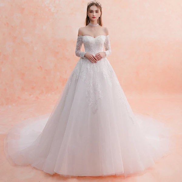 Elegante Ivory / Creme Brautkleider / Hochzeitskleider 2019 A Linie Off Shoulder Lange Ärmel Rückenfreies Applikationen Spitze Glanz Pailletten Kathedrale Schleppe Rüschen