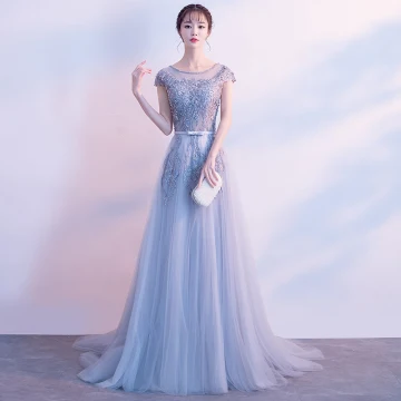 Elegant Grey Evening Dresses 2017 A Line Princess Scoop Neck Cap Sleeves Appliques Lace Pearl Bow Sash Court Train Ruffle Backless Formal Dresses