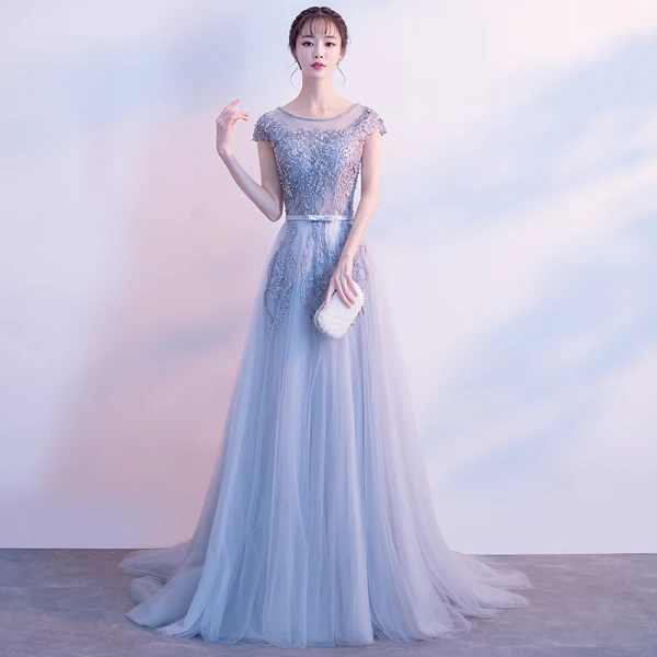 Elegant Grey Evening Dresses  2017 A-Line / Princess Scoop Neck Cap Sleeves Appliques Lace Pearl Bow Sash Court Train Ruffle Backless Formal Dresses