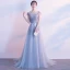 Elegant Grey Evening Dresses  2017 A-Line / Princess Scoop Neck Cap Sleeves Appliques Lace Pearl Bow Sash Court Train Ruffle Backless Formal Dresses