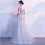 Elegant Grey Evening Dresses  2017 A-Line / Princess Scoop Neck Cap Sleeves Appliques Lace Pearl Bow Sash Court Train Ruffle Backless Formal Dresses