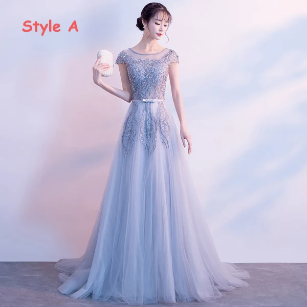Elegant Grey Evening Dresses  2017 A-Line / Princess Scoop Neck Cap Sleeves Appliques Lace Pearl Bow Sash Court Train Ruffle Backless Formal Dresses