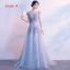 Elegant Grey Evening Dresses  2017 A-Line / Princess Scoop Neck Cap Sleeves Appliques Lace Pearl Bow Sash Court Train Ruffle Backless Formal Dresses