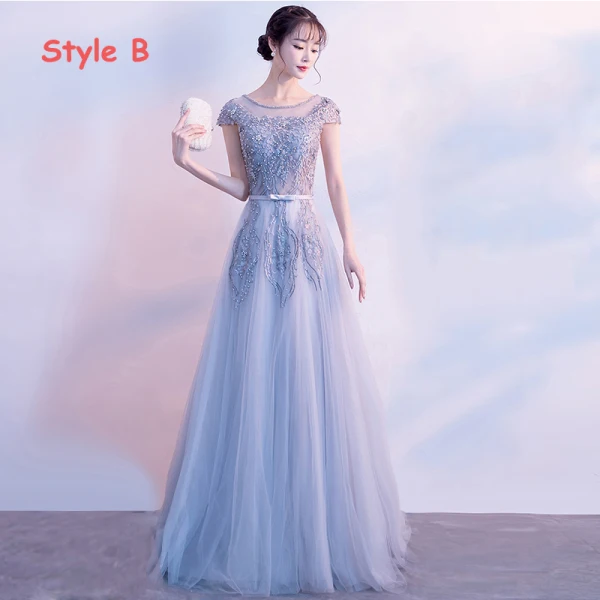Elegant Grey Evening Dresses  2017 A-Line / Princess Scoop Neck Cap Sleeves Appliques Lace Pearl Bow Sash Court Train Ruffle Backless Formal Dresses