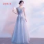 Elegant Grey Evening Dresses  2017 A-Line / Princess Scoop Neck Cap Sleeves Appliques Lace Pearl Bow Sash Court Train Ruffle Backless Formal Dresses