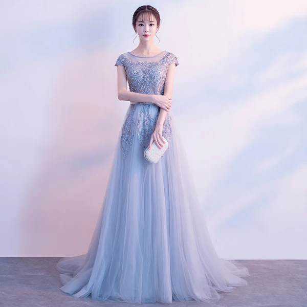 Elegant Grey Evening Dresses  2017 A-Line / Princess Scoop Neck Cap Sleeves Appliques Lace Pearl Bow Sash Court Train Ruffle Backless Formal Dresses