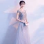 Elegant Grey Evening Dresses  2017 A-Line / Princess Scoop Neck Cap Sleeves Appliques Lace Pearl Bow Sash Court Train Ruffle Backless Formal Dresses