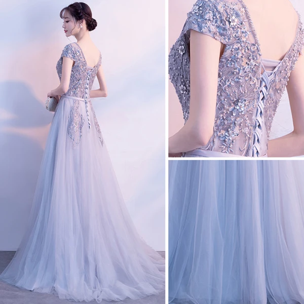 Elegant Grey Evening Dresses  2017 A-Line / Princess Scoop Neck Cap Sleeves Appliques Lace Pearl Bow Sash Court Train Ruffle Backless Formal Dresses