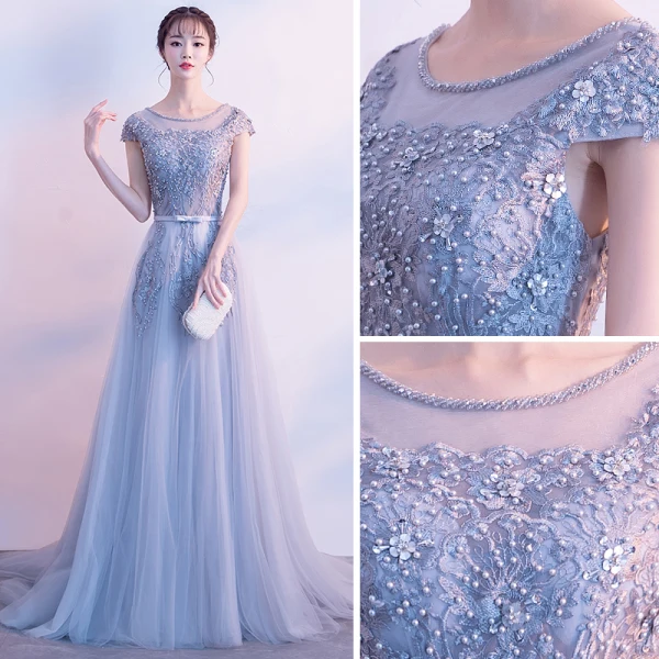 Elegant Grey Evening Dresses  2017 A-Line / Princess Scoop Neck Cap Sleeves Appliques Lace Pearl Bow Sash Court Train Ruffle Backless Formal Dresses