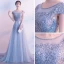 Elegant Grey Evening Dresses  2017 A-Line / Princess Scoop Neck Cap Sleeves Appliques Lace Pearl Bow Sash Court Train Ruffle Backless Formal Dresses
