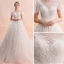 Chic / Belle Ivoire Organza Transparentes Robe De Mariée 2019 Princesse Encolure Carrée Manches Courtes Dos Nu Appliques En Dentelle Perlage Chapel Train Volants