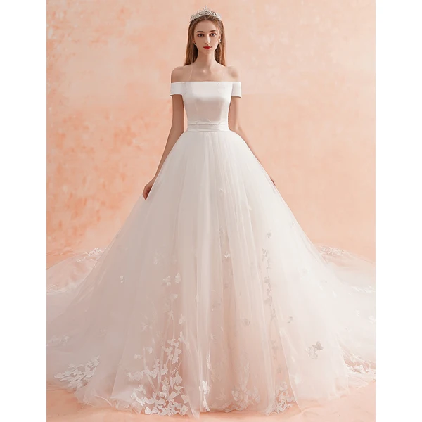 Simple Ivoire Robe De Mariée 2019 Princesse De l'épaule Manches Courtes Dos Nu Ceinture Appliques En Dentelle Cathedral Train Volants