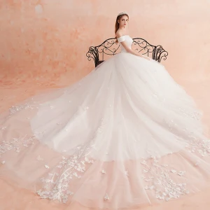 Modest Simple Ivory Wedding Dresses 2019 A Line Princess Off The Shoulder Short Sleeve Backless Sash Appliques Lace Cathedral Train Ruffle