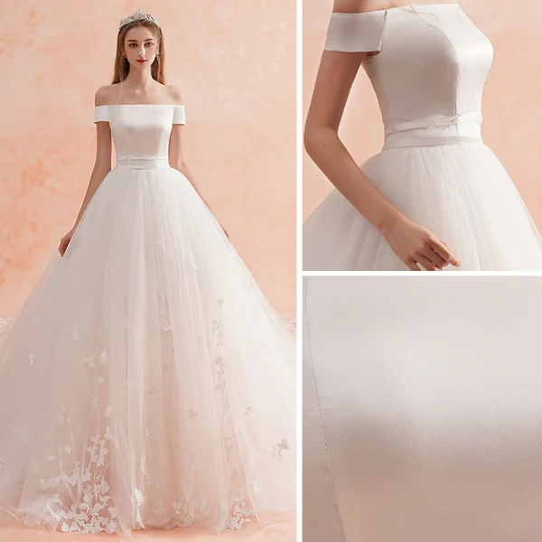 Simple Ivoire Robe De Mariée 2019 Princesse De l'épaule Manches Courtes Dos Nu Ceinture Appliques En Dentelle Cathedral Train Volants