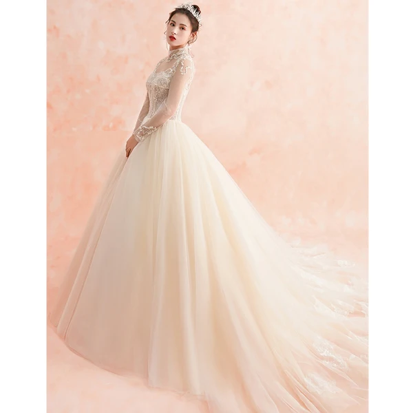 Style Chinois Champagne Transparentes Robe De Mariée 2019 Robe Boule Col Haut Manches Longues Dos Nu Appliques En Dentelle Perlage Chapel Train Volants