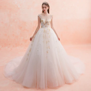 Luxe Champagne Transparentes Robe De Mariée 2019 Princesse Encolure Carrée Sans Manches Dos Nu Appliques En Dentelle Fait Main Perlage Cathedral Train Volants