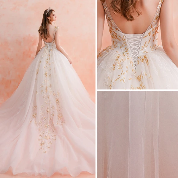 Luxe Champagne Transparentes Robe De Mariée 2019 Princesse Encolure Carrée Sans Manches Dos Nu Appliques En Dentelle Fait main Perlage Cathedral Train Volants
