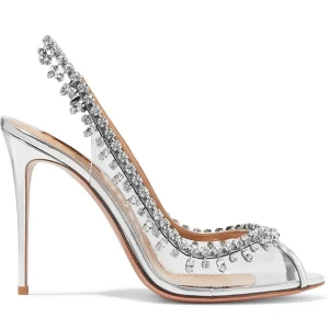 Sexy Argenté Soirée Faux Diamant Chaussures Femmes 2022 10 Cm Talons Aiguilles Peep Toes Bout Ouvert Sandales Talons Hauts