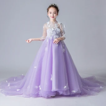Style Chinois Transparentes Lavande Robe Ceremonie Fille 2019 Princesse Col Haut 3 4 Manches Appliques Fleur Faux Diamant Perle Tribunal Train Volants Robe Pour Mariage