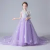 Chinese style See-through Lavender Flower Girl Dresses 2019 A-Line / Princess High Neck 3/4 Sleeve Appliques Flower Rhinestone Pearl Court Train Ruffle Wedding Party Dresses