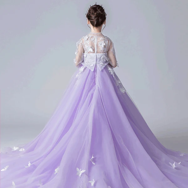 Chinese style See-through Lavender Flower Girl Dresses 2019 A-Line / Princess High Neck 3/4 Sleeve Appliques Flower Rhinestone Pearl Court Train Ruffle Wedding Party Dresses