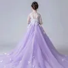 Chinese style See-through Lavender Flower Girl Dresses 2019 A-Line / Princess High Neck 3/4 Sleeve Appliques Flower Rhinestone Pearl Court Train Ruffle Wedding Party Dresses