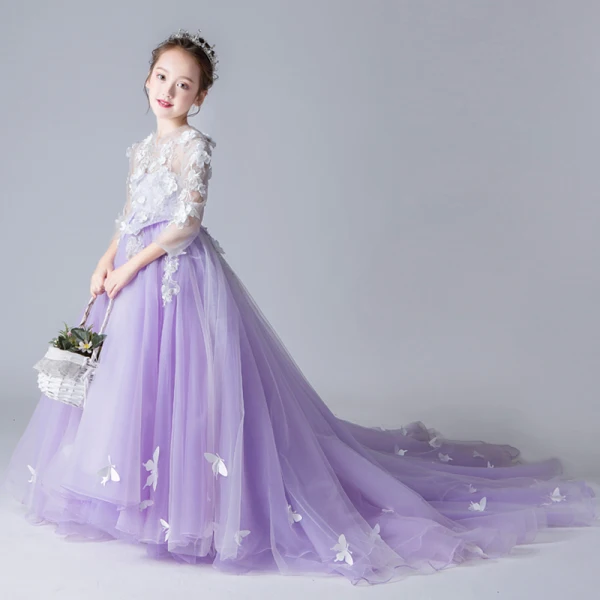 Chinese style See-through Lavender Flower Girl Dresses 2019 A-Line / Princess High Neck 3/4 Sleeve Appliques Flower Rhinestone Pearl Court Train Ruffle Wedding Party Dresses