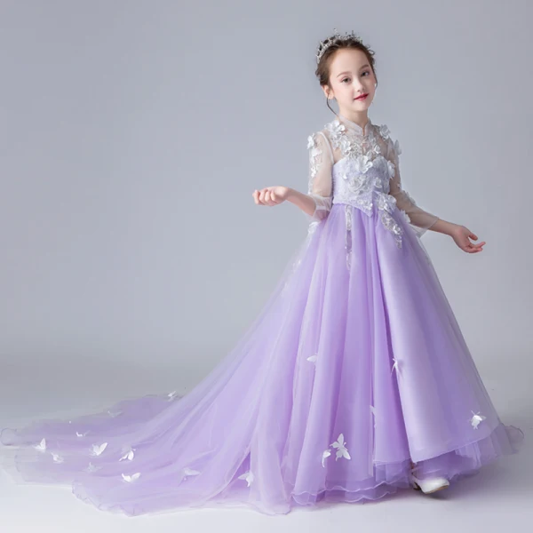 Chinese style See-through Lavender Flower Girl Dresses 2019 A-Line / Princess High Neck 3/4 Sleeve Appliques Flower Rhinestone Pearl Court Train Ruffle Wedding Party Dresses