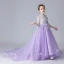 Chinese style See-through Lavender Flower Girl Dresses 2019 A-Line / Princess High Neck 3/4 Sleeve Appliques Flower Rhinestone Pearl Court Train Ruffle Wedding Party Dresses