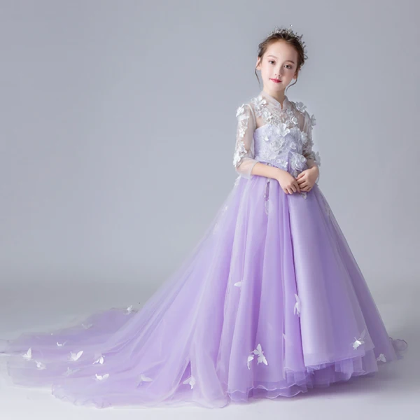 Chinese style See-through Lavender Flower Girl Dresses 2019 A-Line / Princess High Neck 3/4 Sleeve Appliques Flower Rhinestone Pearl Court Train Ruffle Wedding Party Dresses