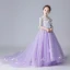 Chinese style See-through Lavender Flower Girl Dresses 2019 A-Line / Princess High Neck 3/4 Sleeve Appliques Flower Rhinestone Pearl Court Train Ruffle Wedding Party Dresses