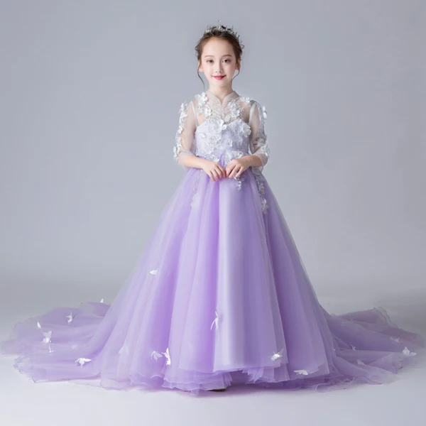 Chinese style See-through Lavender Flower Girl Dresses 2019 A-Line / Princess High Neck 3/4 Sleeve Appliques Flower Rhinestone Pearl Court Train Ruffle Wedding Party Dresses