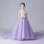 Chinese style See-through Lavender Flower Girl Dresses 2019 A-Line / Princess High Neck 3/4 Sleeve Appliques Flower Rhinestone Pearl Court Train Ruffle Wedding Party Dresses