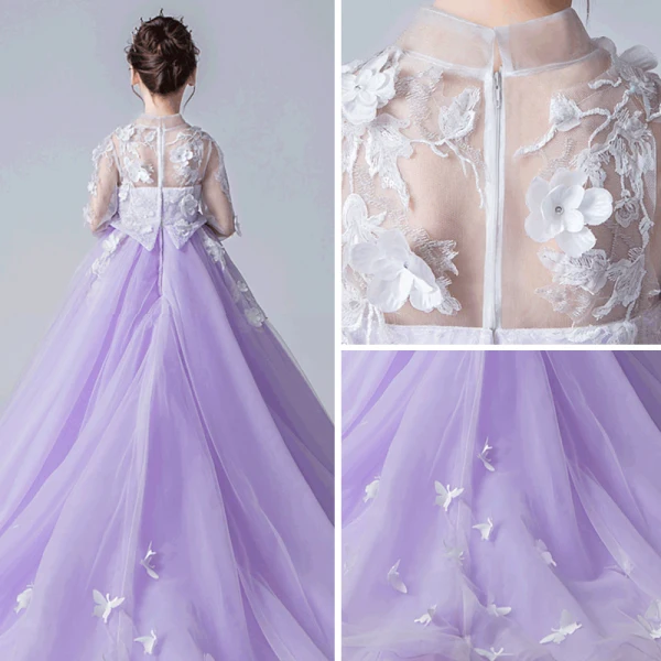 Chinese style See-through Lavender Flower Girl Dresses 2019 A-Line / Princess High Neck 3/4 Sleeve Appliques Flower Rhinestone Pearl Court Train Ruffle Wedding Party Dresses