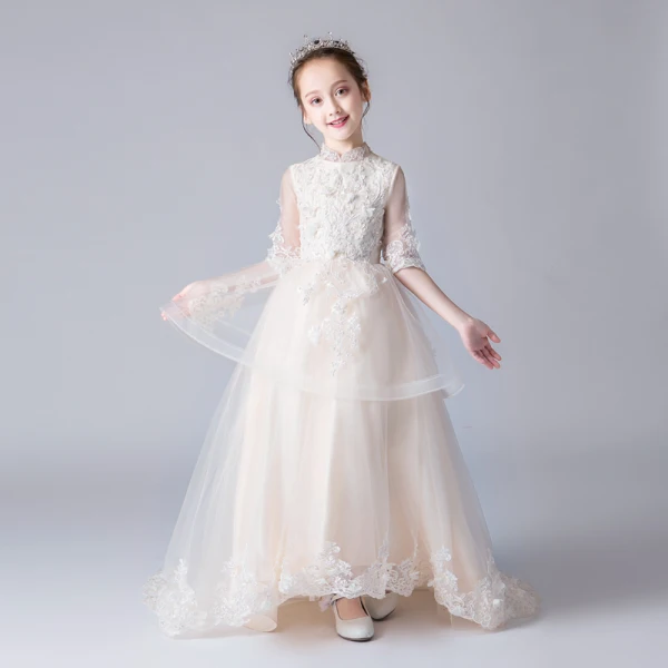 Chinese style Champagne Flower Girl Dresses 2019 A-Line / Princess High Neck 1/2 Sleeves Appliques Lace Beading Sweep Train Ruffle Wedding Party Dresses